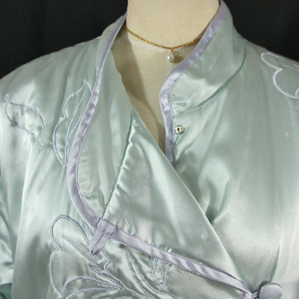 Vintage Natori Satin Floral Embroidered Full Length Winter Robe Lounge Blue M - Picture 5 of 14